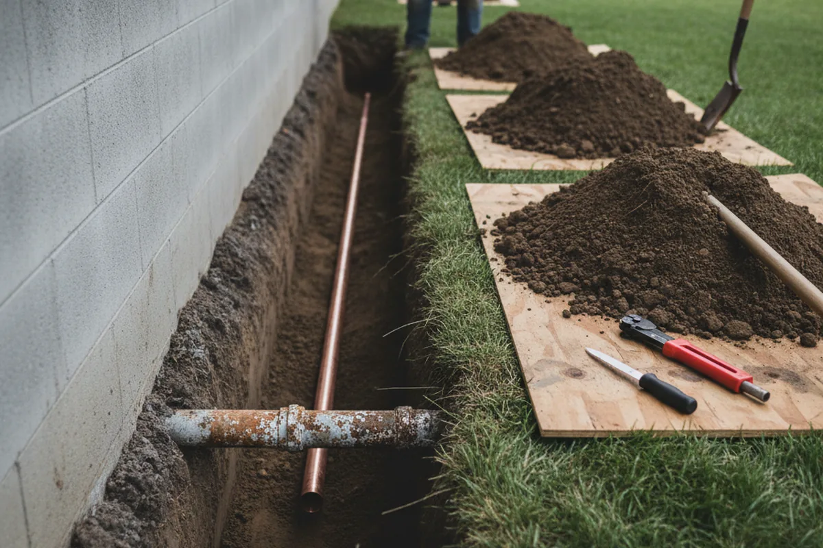 Excavated water line trench during Water Heater Repair in Nesmith